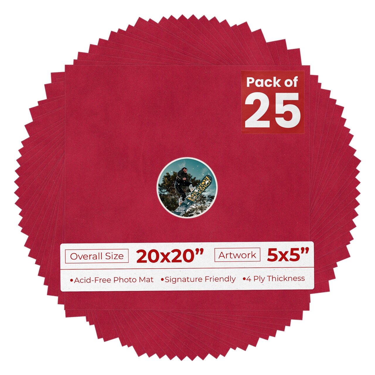 Red Suede Mat Board for 20x20 Frames - Circle Opening for 5x5 Photos